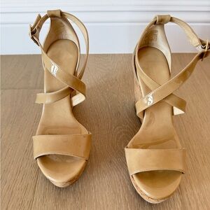 Jimmy Choo Tan Wedge Sandals with Ankle Strap